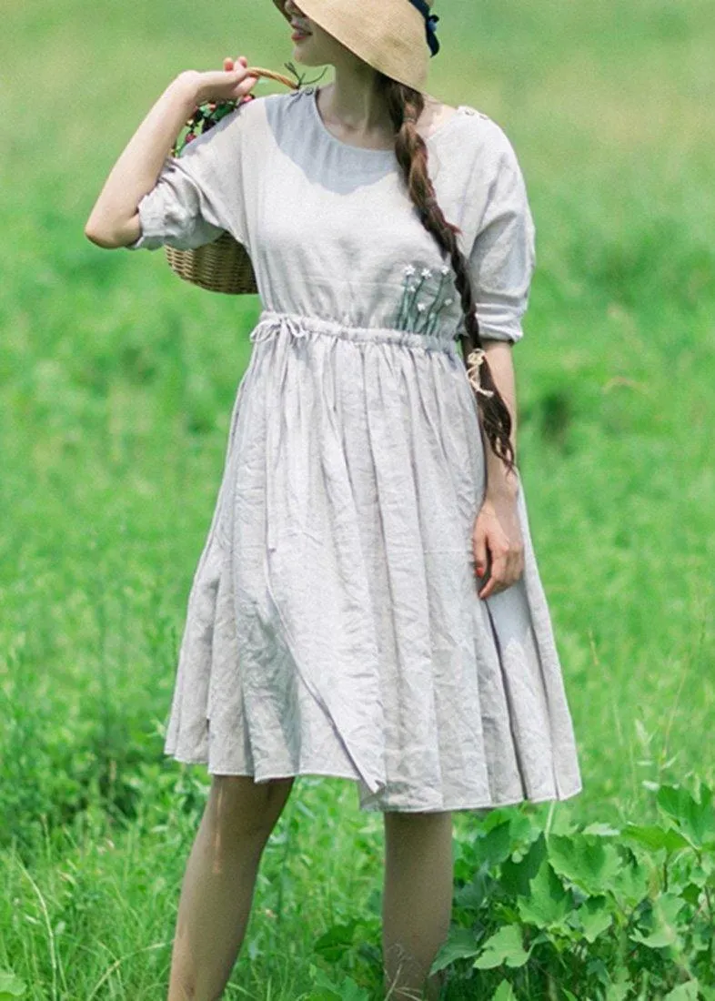 100% Gray Clothes Women O Neck Drawstring Traveling Dresses