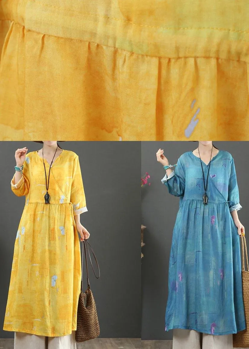 100% Yellow Print Dresses V Neck Tie Waist Robes Spring Dress