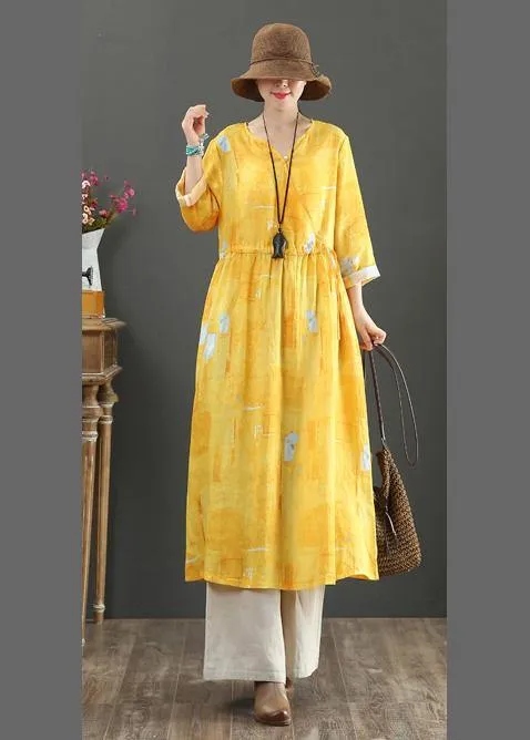 100% Yellow Print Dresses V Neck Tie Waist Robes Spring Dress