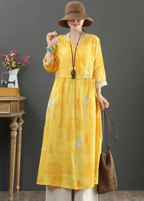 100% Yellow Print Dresses V Neck Tie Waist Robes Spring Dress