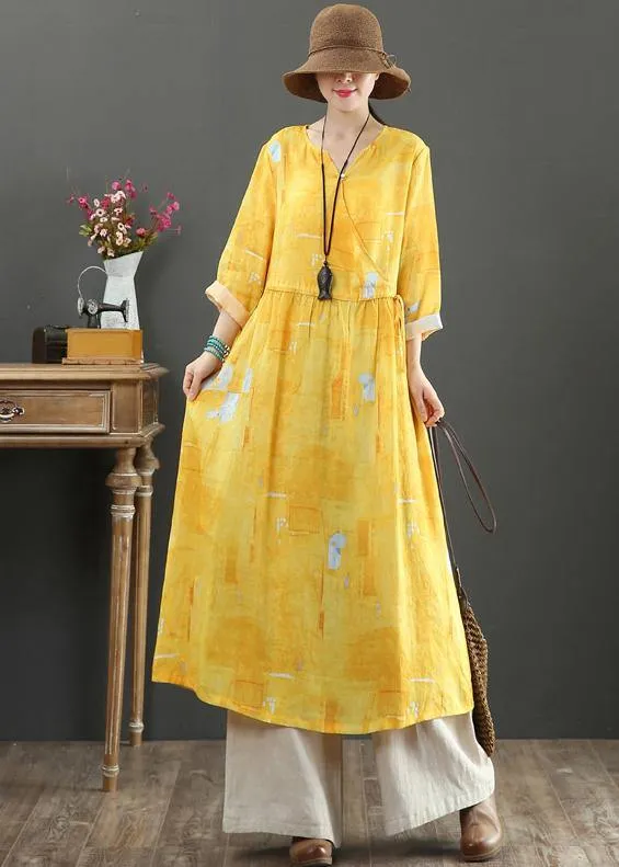 100% Yellow Print Dresses V Neck Tie Waist Robes Spring Dress