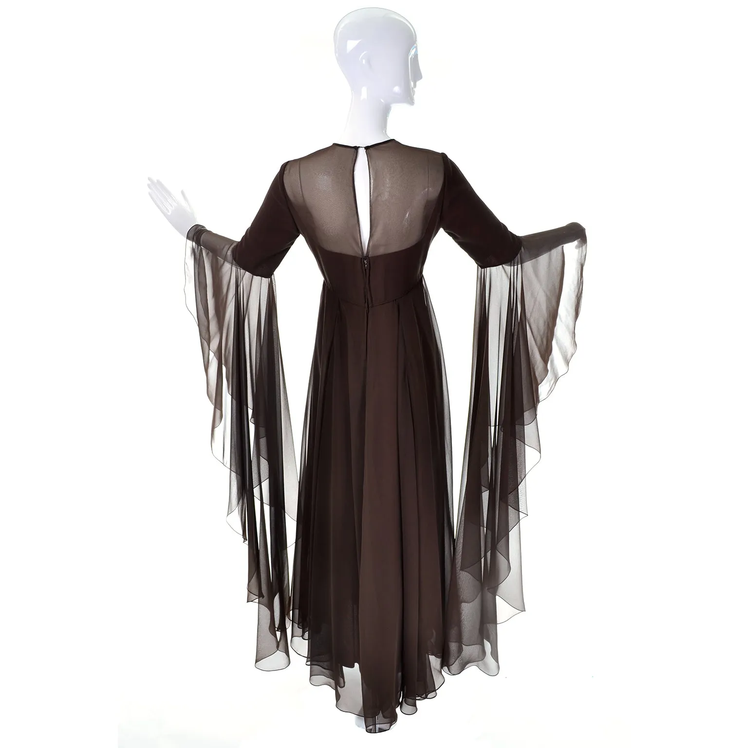 1970s Estevez Brown Chiffon Evening Gown w/ Long Statement Sleeves