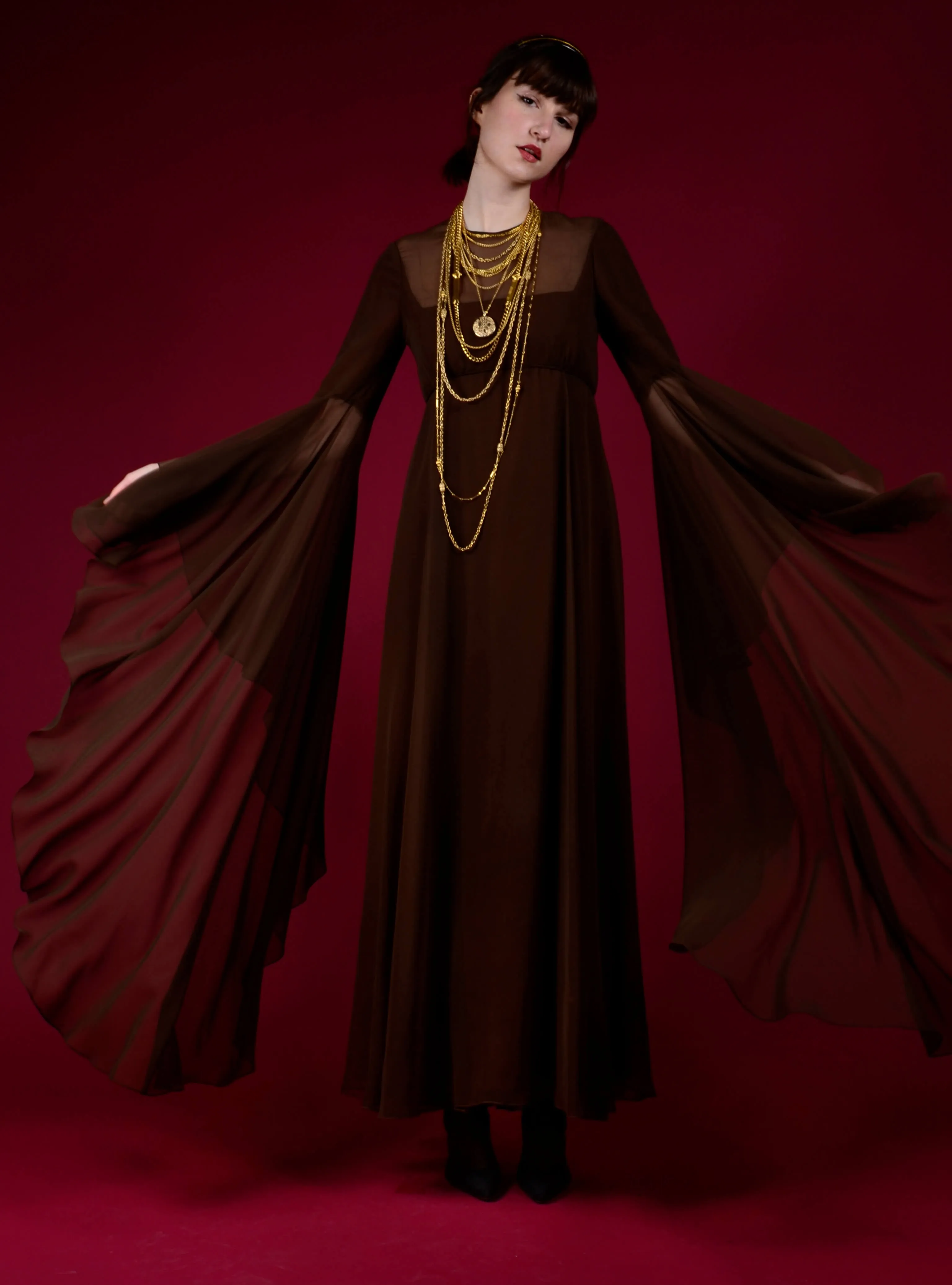 1970s Estevez Brown Chiffon Evening Gown w/ Long Statement Sleeves