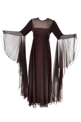 1970s Estevez Brown Chiffon Evening Gown w/ Long Statement Sleeves