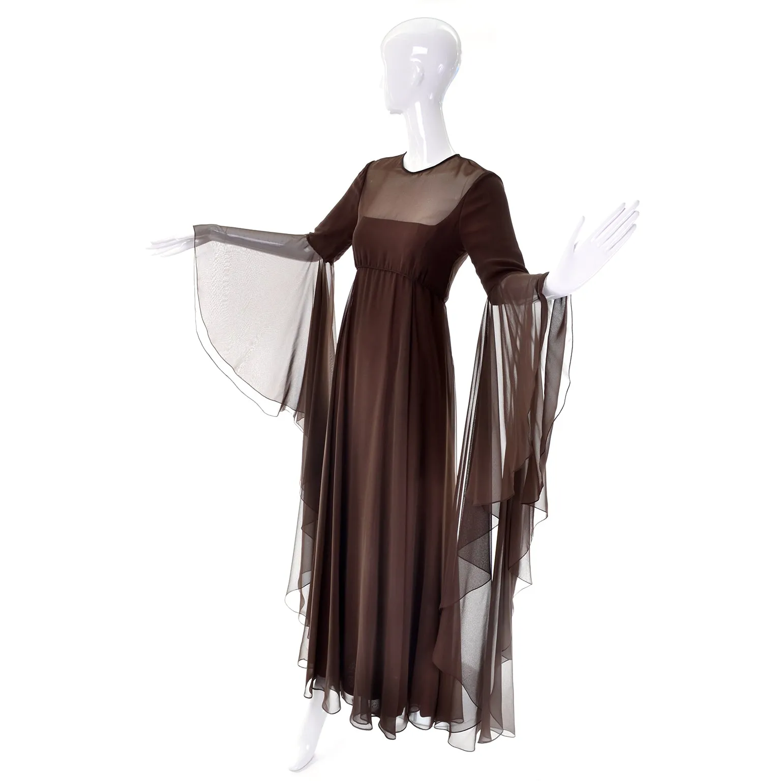 1970s Estevez Brown Chiffon Evening Gown w/ Long Statement Sleeves