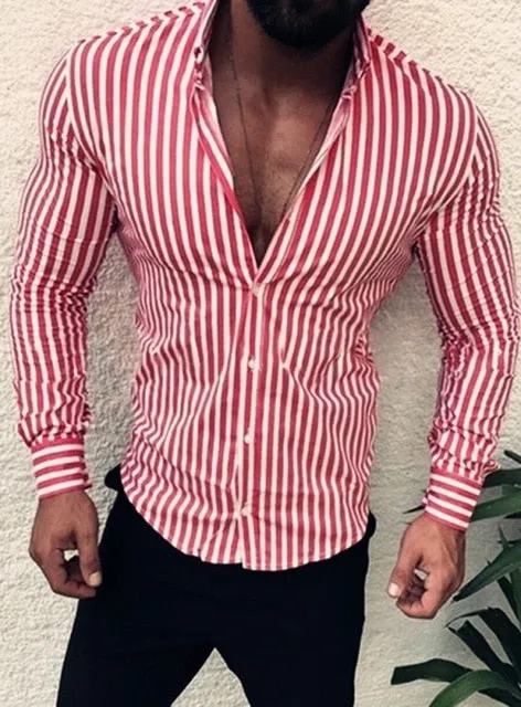 2020 Fashion Men Stripe Long Sleeve European Standard Slim Fit Formal Tops Spring Three Colors Men Shirt