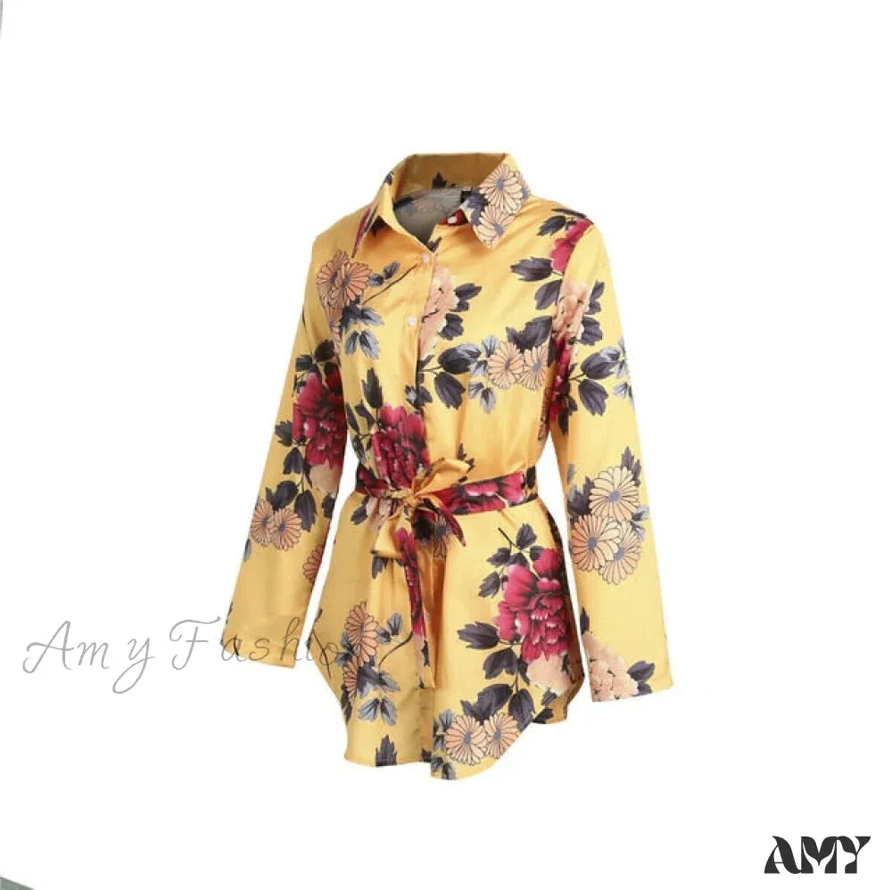 Amy Fashion - Ladies Print Floral Long Sleeve Loose Short Mini Dresses