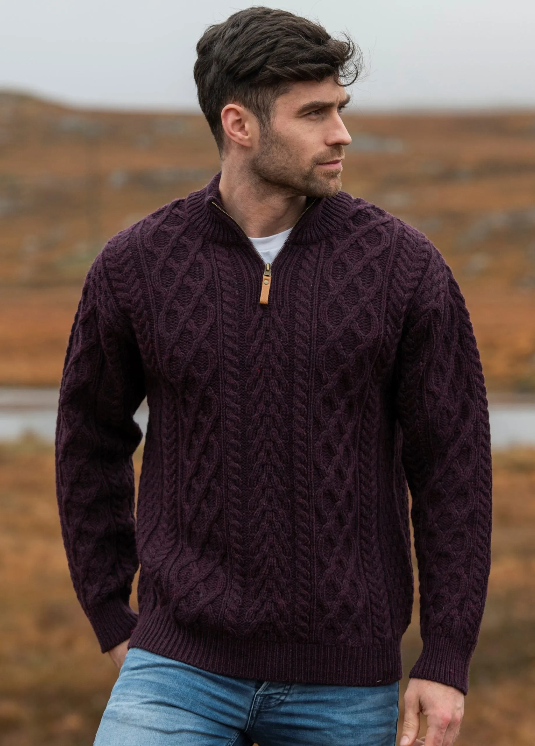 Aran Crafts Men's Half Zip Sweater | Plum