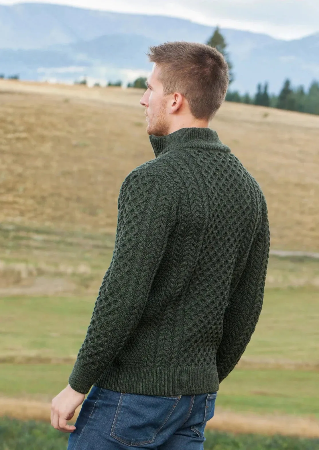 Aran Merino Wool Half Zip Sweater | Green