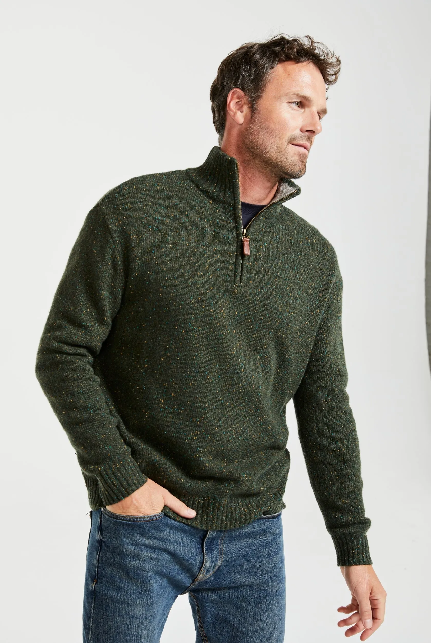 Aran Troyer Zip Sweater | Green