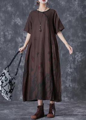 Art Chocolate Print Side Open Linen Dresses Summer TD1019