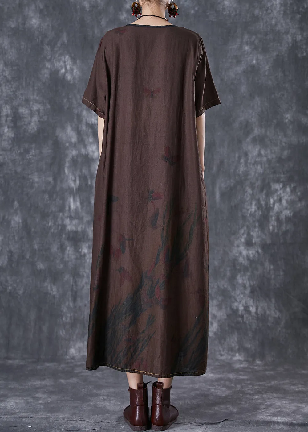 Art Chocolate Print Side Open Linen Dresses Summer TD1019