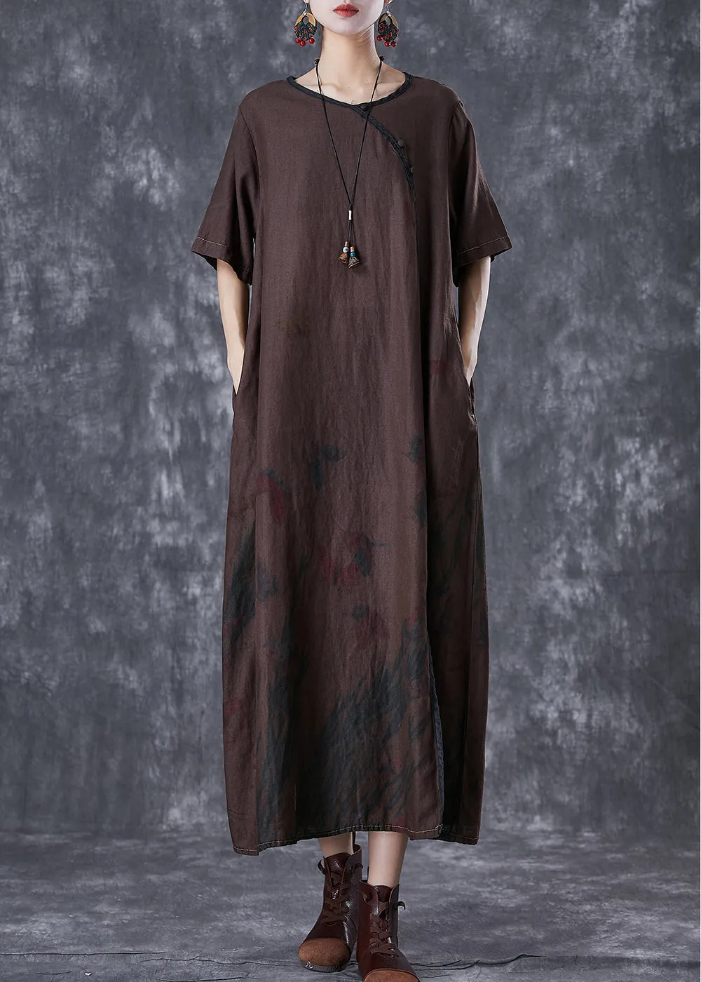 Art Chocolate Print Side Open Linen Dresses Summer TD1019