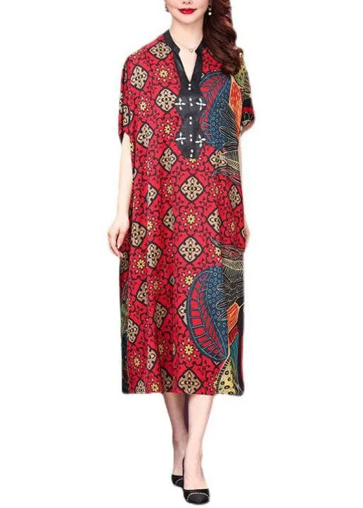 Baggy Red V Neck Print Silk Dresses Summer LY2223