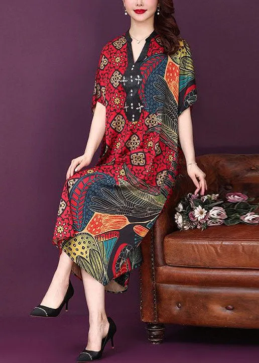 Baggy Red V Neck Print Silk Dresses Summer LY2223