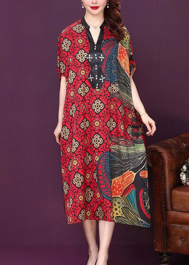 Baggy Red V Neck Print Silk Dresses Summer LY2223