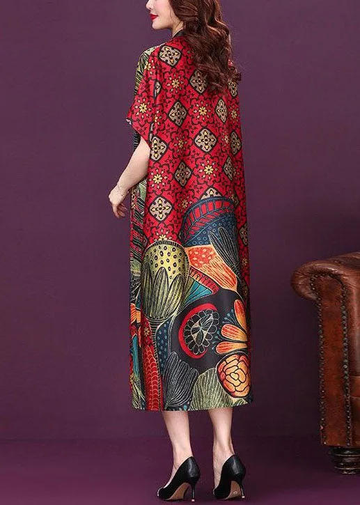 Baggy Red V Neck Print Silk Dresses Summer LY2223