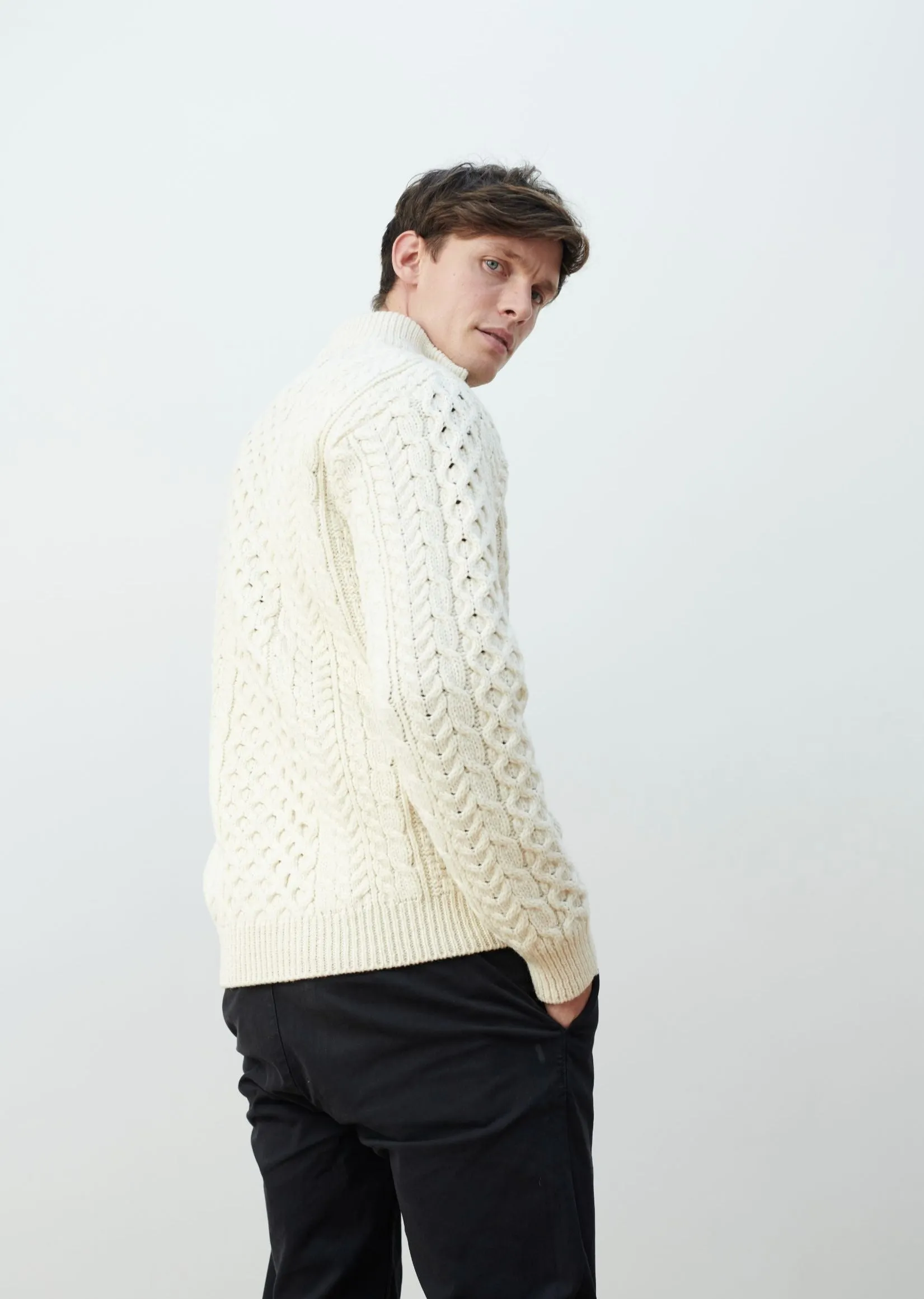 Ballycroy Mens Aran Half Zip Sweater | Natural