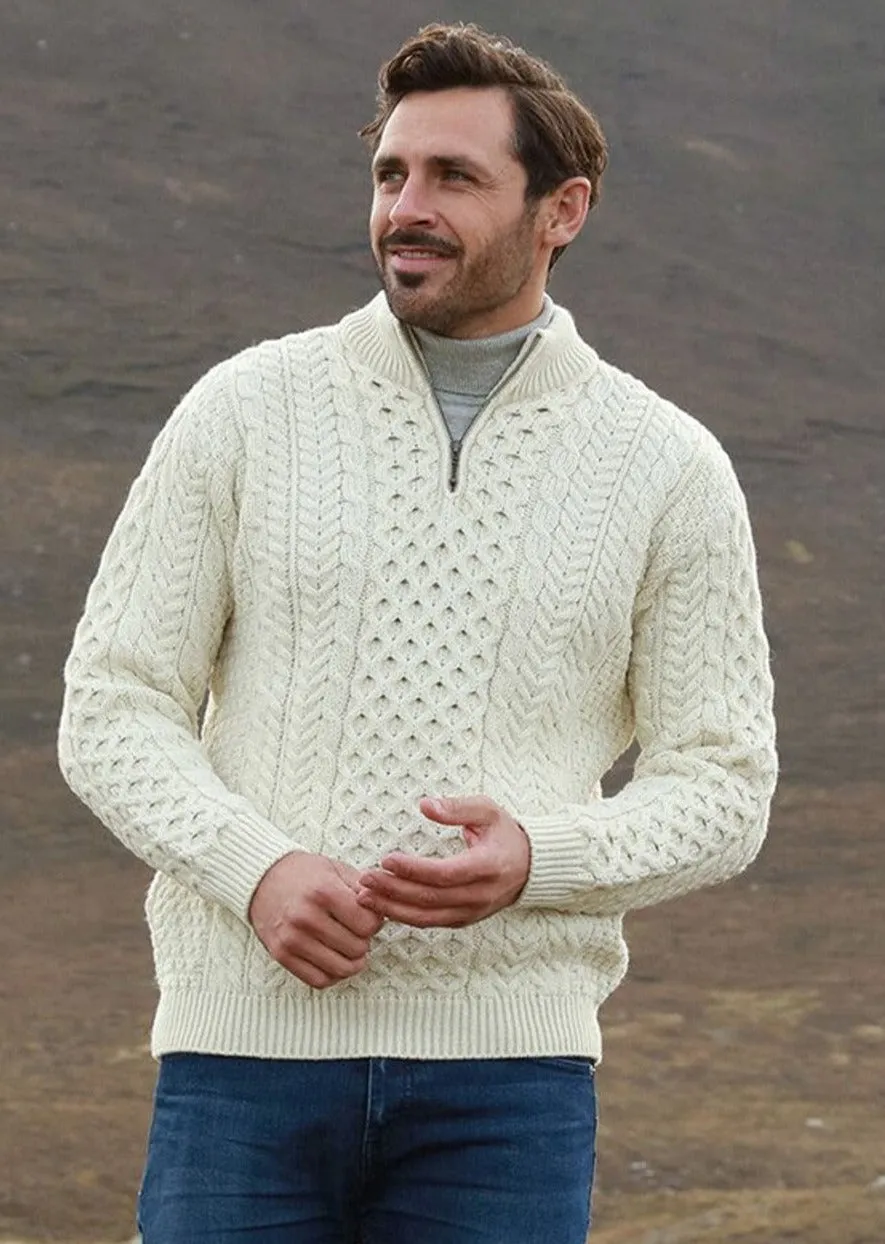 Ballycroy Mens Aran Half Zip Sweater | Natural