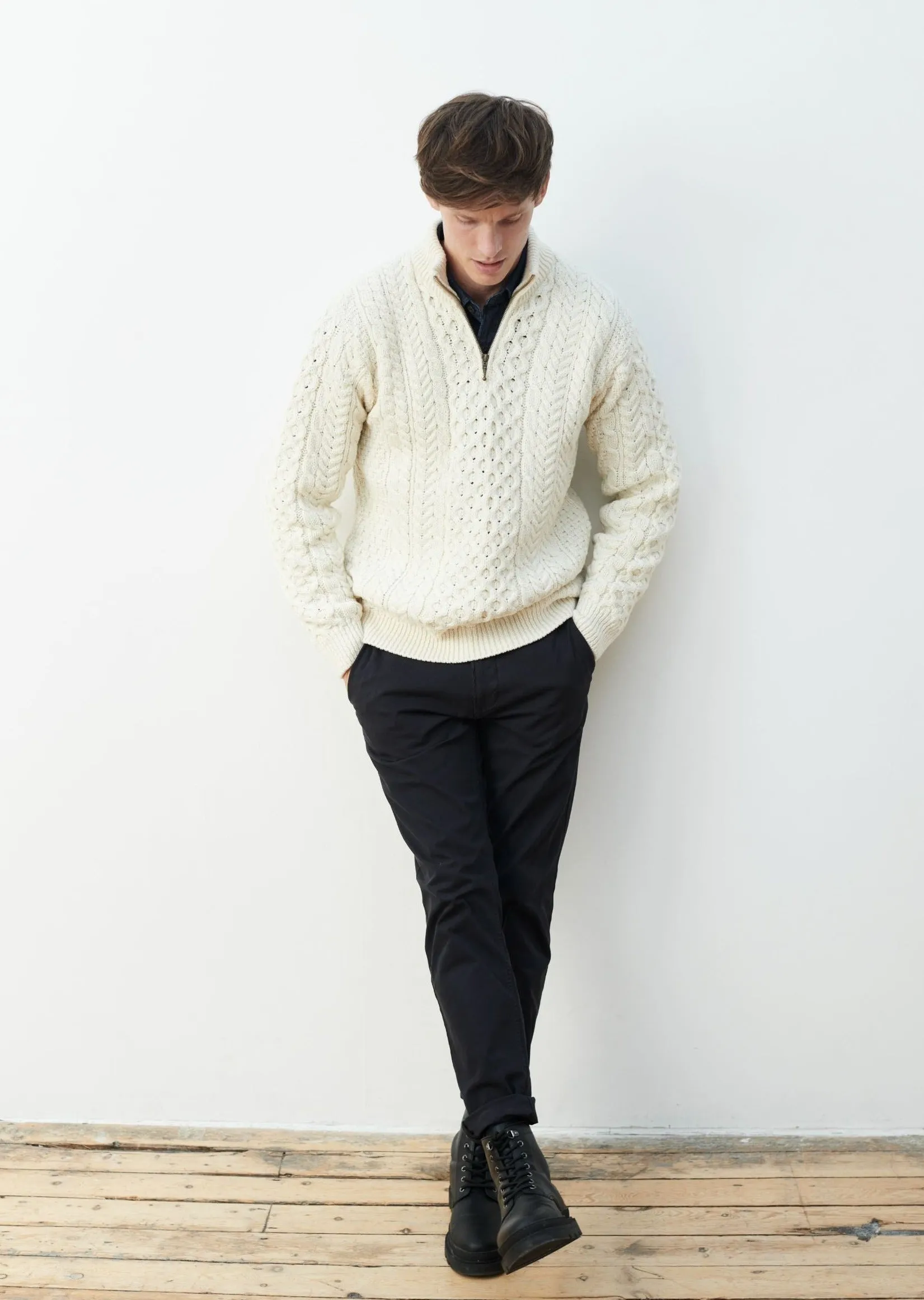 Ballycroy Mens Aran Half Zip Sweater | Natural