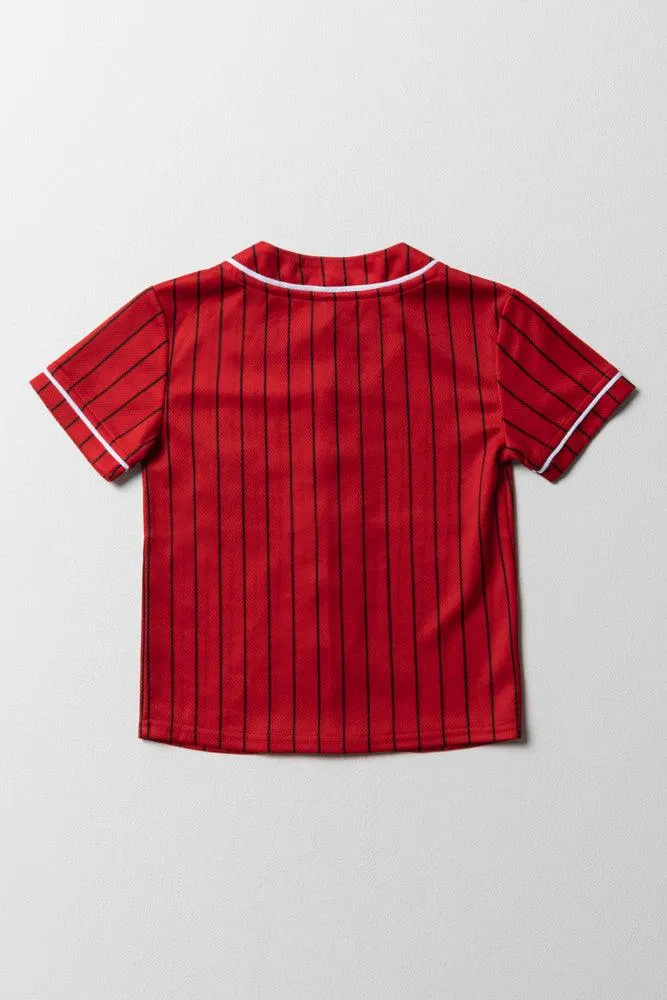 Baseball Button Thru Stripe T-Shirt Red