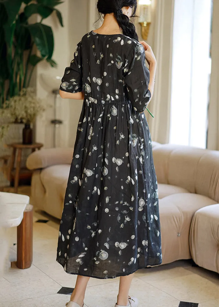 Beautiful Grey Print Patchwork Linen Long Dresses Summer ML2363