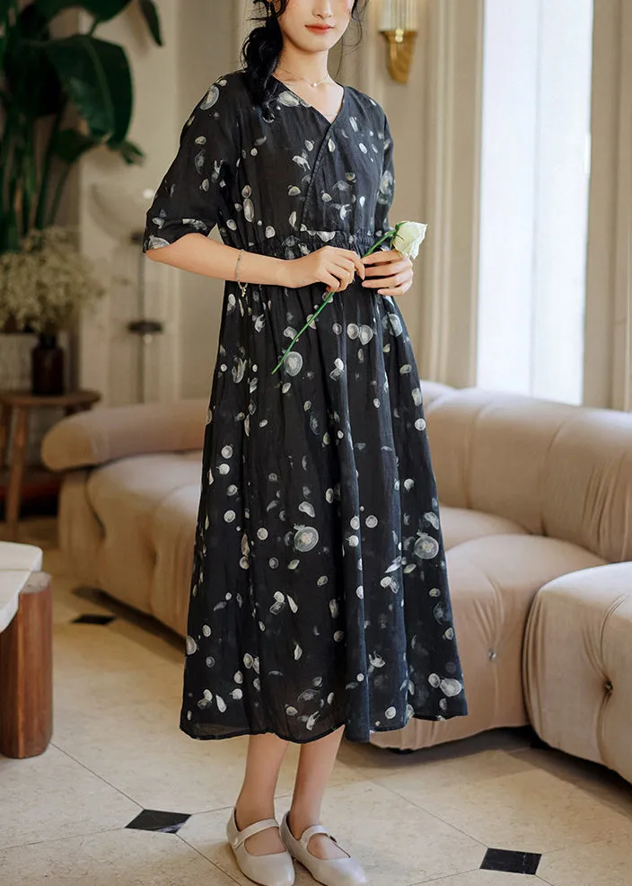 Beautiful Grey Print Patchwork Linen Long Dresses Summer ML2363