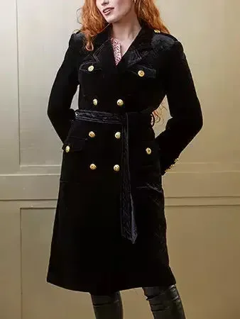 Belted Black Double-Breasted Velvet Coat