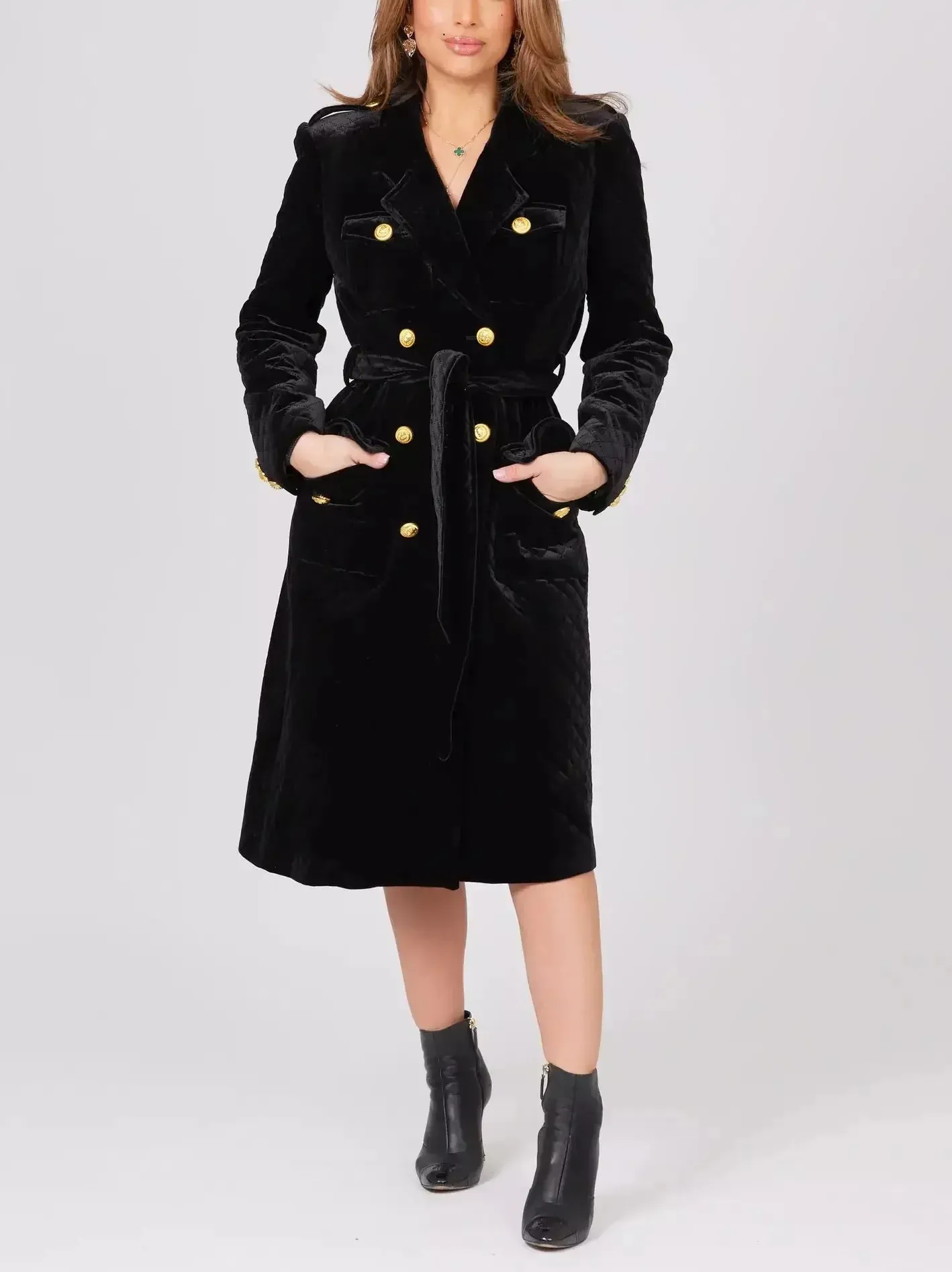 Belted Black Double-Breasted Velvet Coat