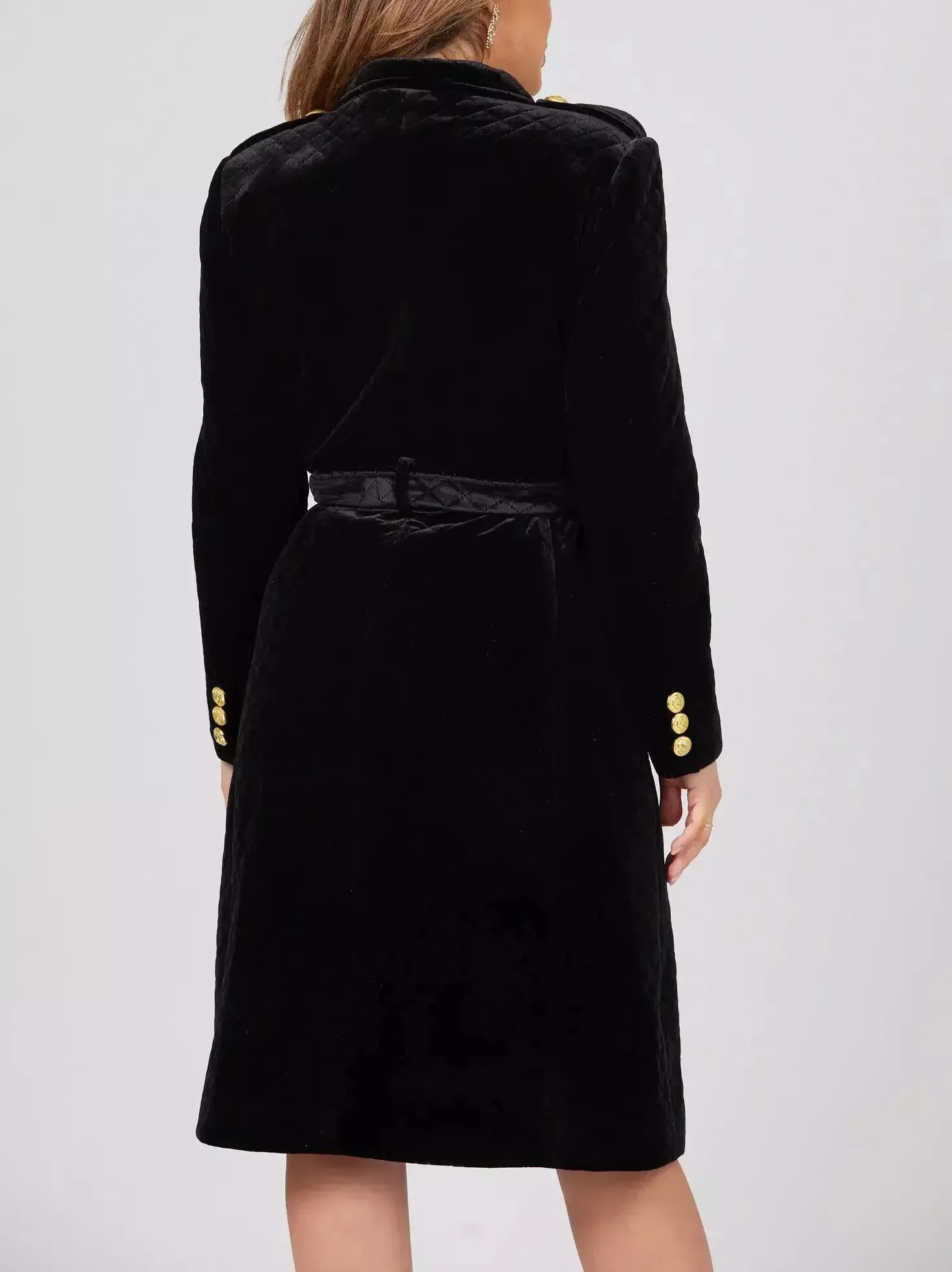 Belted Black Double-Breasted Velvet Coat