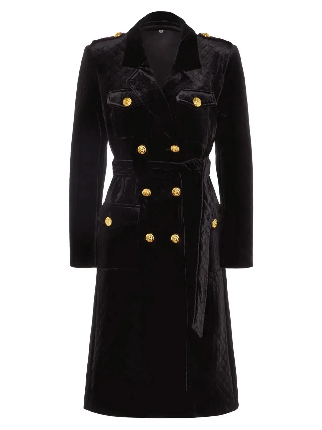 Belted Black Double-Breasted Velvet Coat