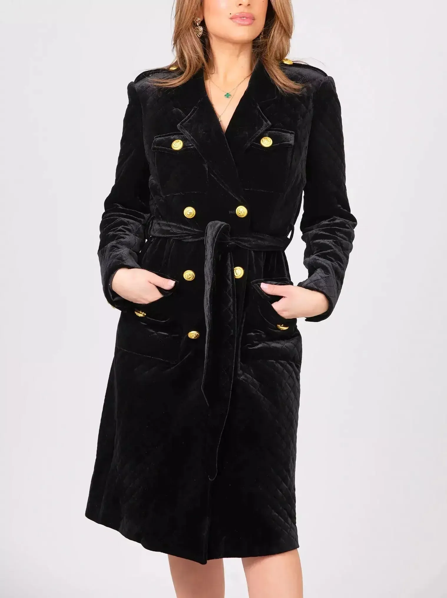 Belted Black Double-Breasted Velvet Coat