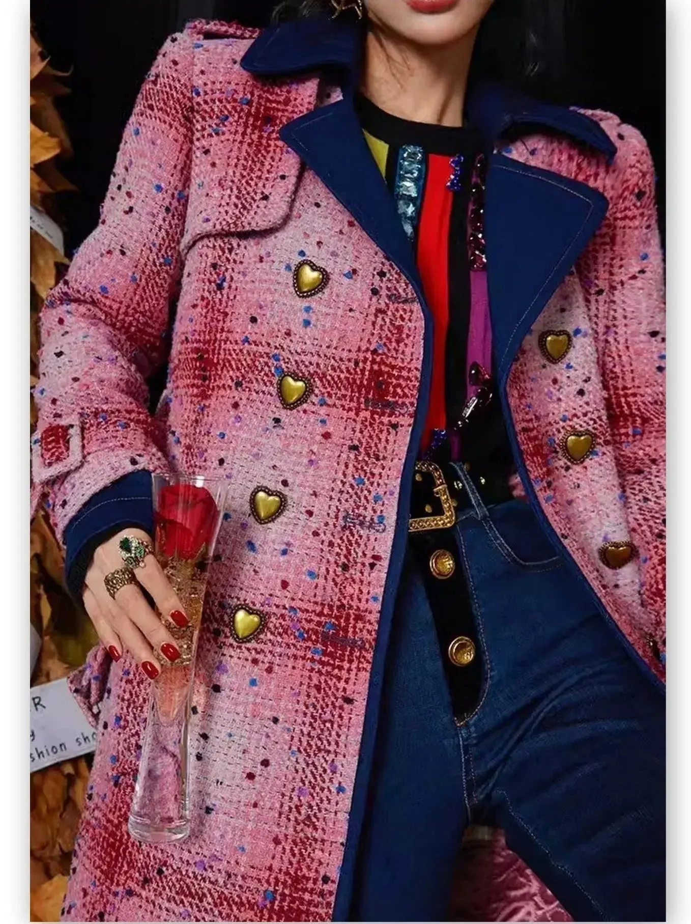 Belted Double-Breasted Coat with Heart Buttons