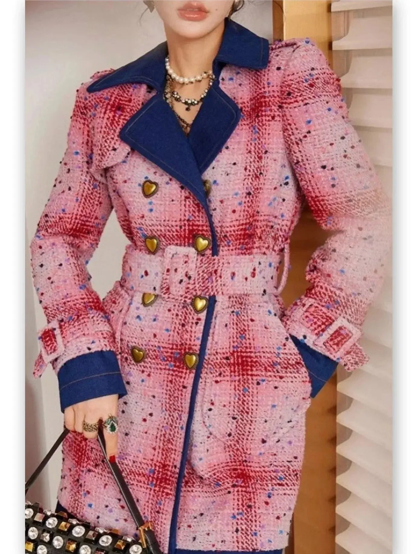 Belted Double-Breasted Coat with Heart Buttons