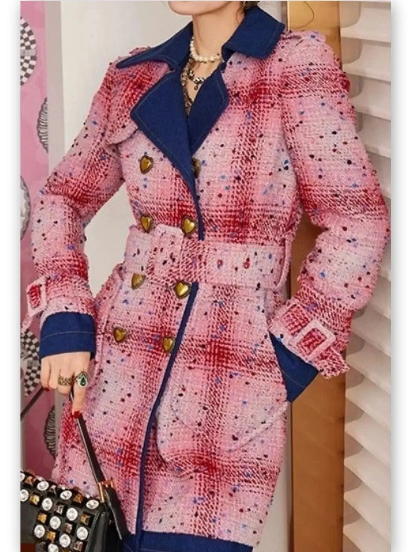 Belted Double-Breasted Coat with Heart Buttons