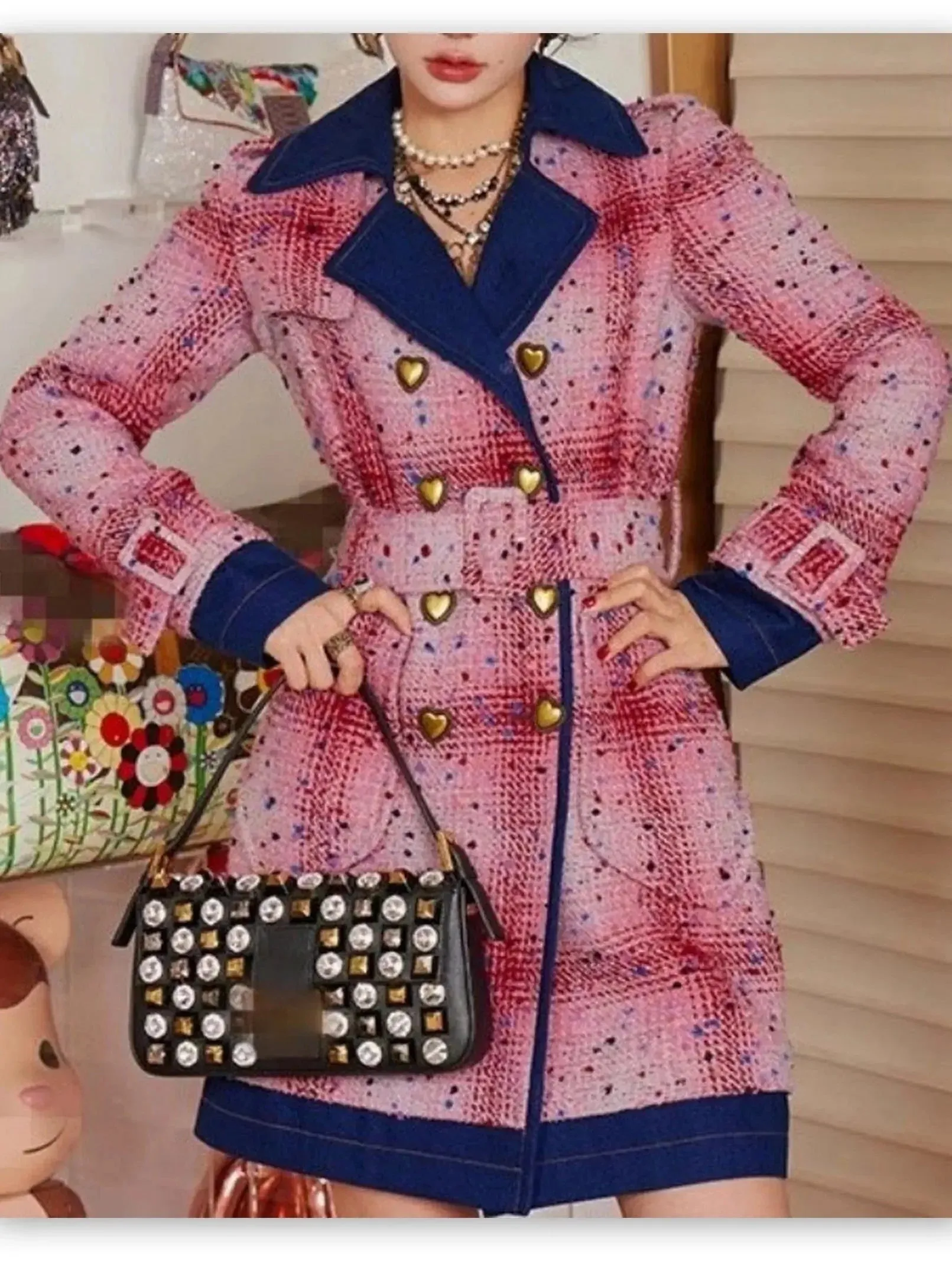 Belted Double-Breasted Coat with Heart Buttons