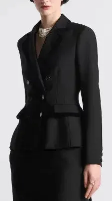 Black Double-Breasted Velvet-Trim Blazer