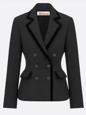 Black Double-Breasted Velvet-Trim Blazer