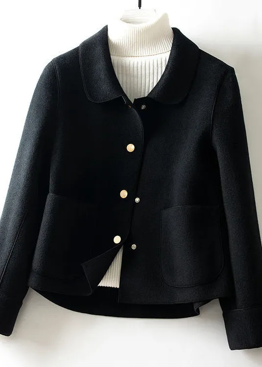 Black Peter Pan Collar Pockets Woolen Coats Long Sleeve