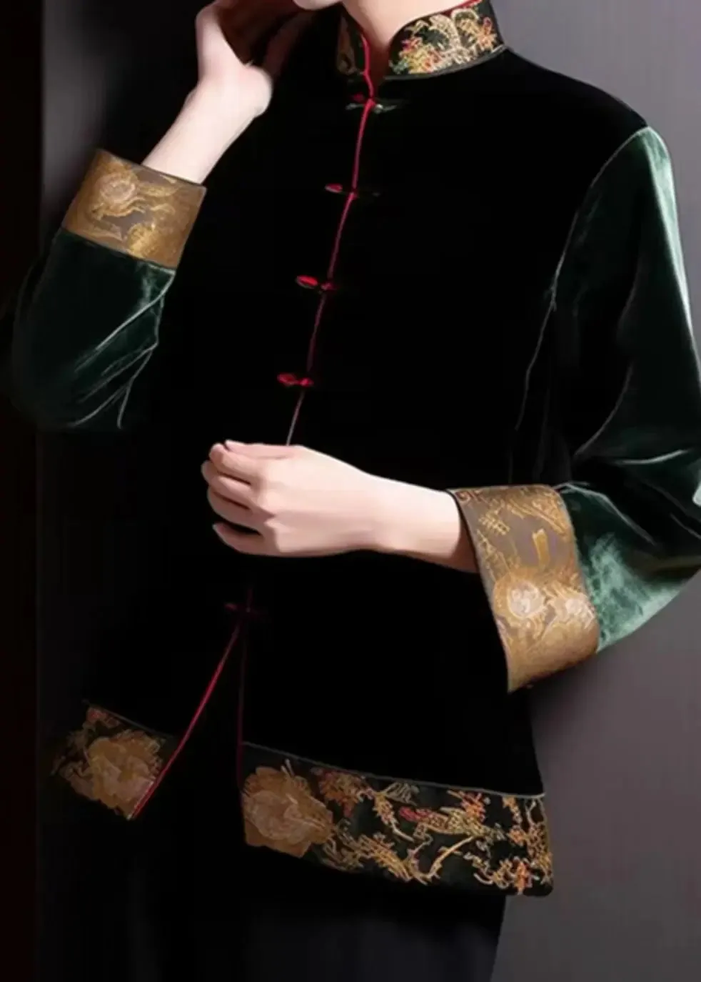 Blackish Button Silk Coats Long Sleeve