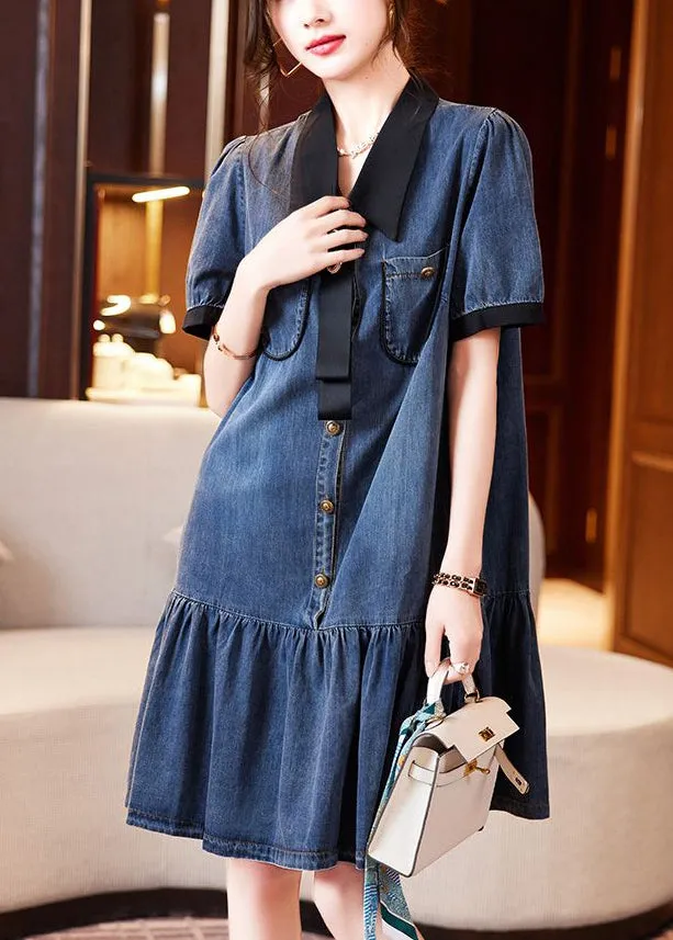 Blue Peter Pan Collar Patchwork Ruffles Denim Dresses