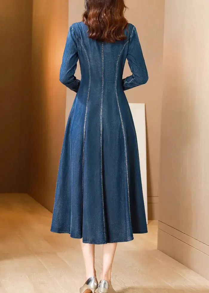 Bohemian Blue V Neck Embroideried Patchwork Denim Dresses Fall ML2798