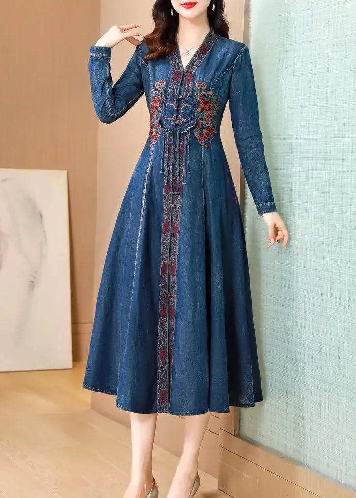 Bohemian Blue V Neck Embroideried Patchwork Denim Dresses Fall ML2798