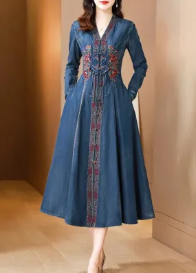 Bohemian Blue V Neck Embroideried Patchwork Denim Dresses Fall ML2798