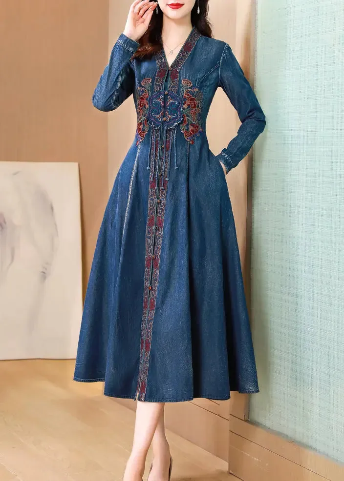 Bohemian Blue V Neck Embroideried Patchwork Denim Dresses Fall ML2798