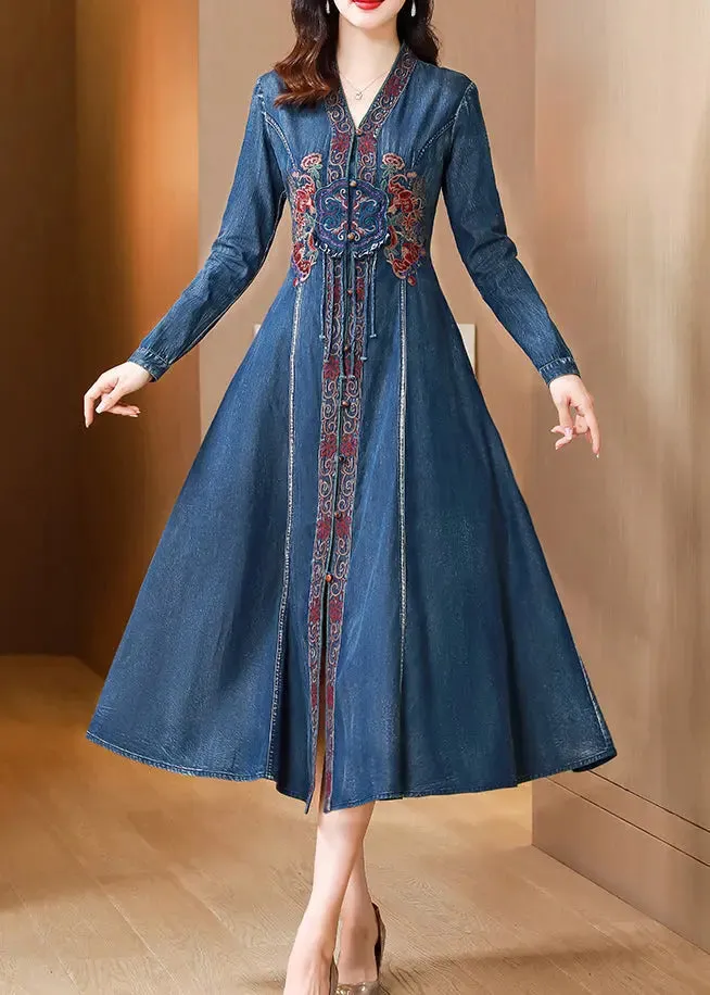 Bohemian Blue V Neck Embroideried Patchwork Denim Dresses Fall ML2798