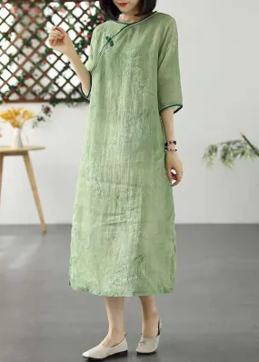 Bohemian Green O Neck Print Patchwork Linen Dresses Summer LY2599