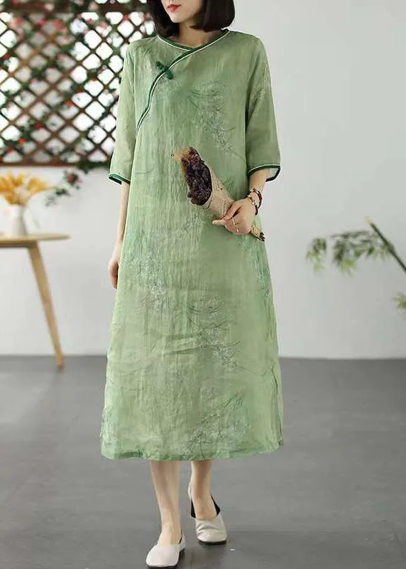 Bohemian Green O Neck Print Patchwork Linen Dresses Summer LY2599