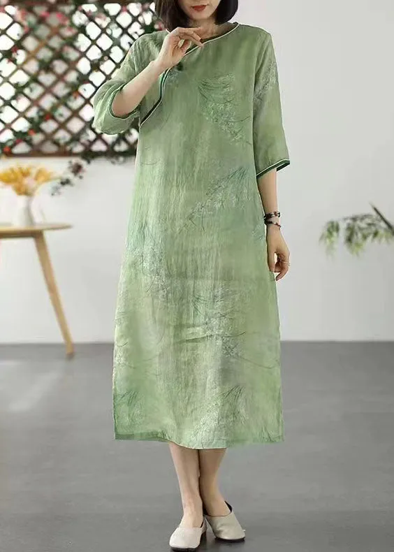 Bohemian Green O Neck Print Patchwork Linen Dresses Summer LY2599