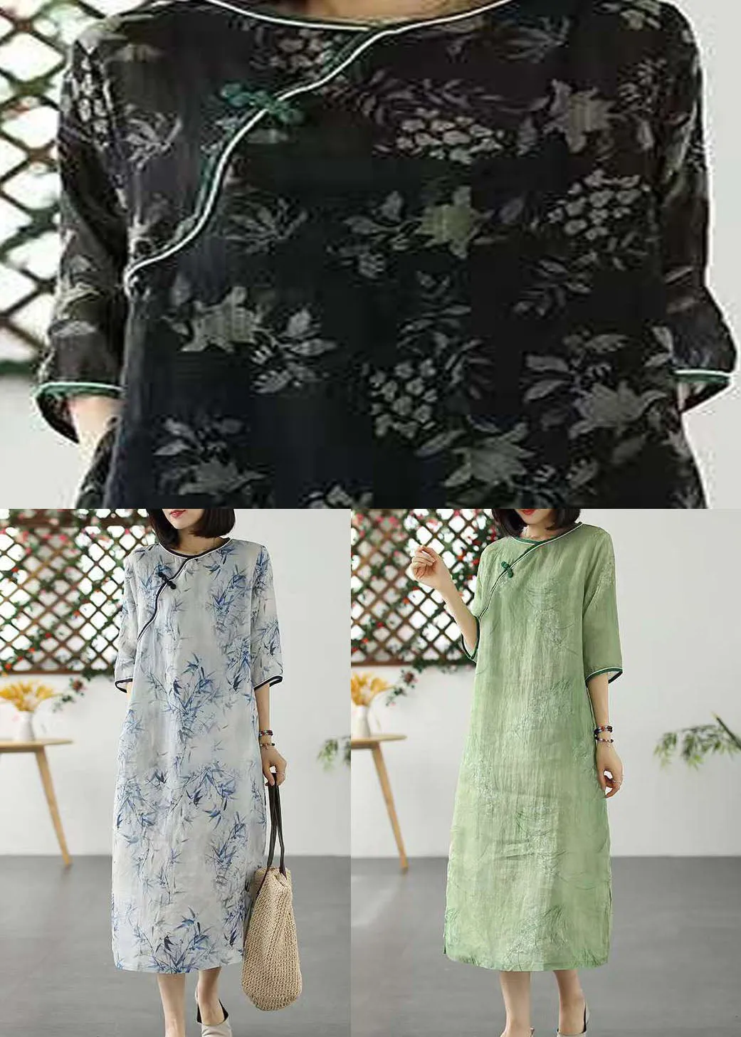 Bohemian Green O Neck Print Patchwork Linen Dresses Summer LY2599